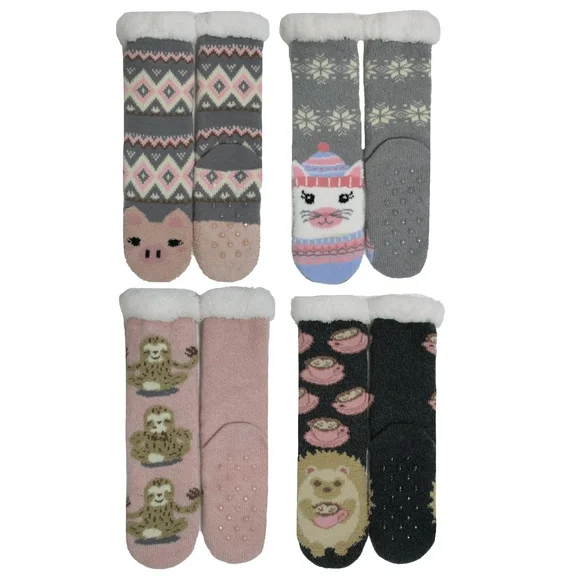 Fuzzy Babba, Women's Critter Long Cozy Warmer Knit Slipper Socks, 4-Pack, Size 4-10