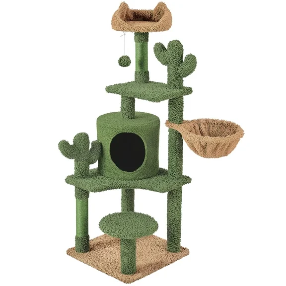 Topeakmart 53''H Cat Cactus Tree with Padded Perch Platform for Medium-sized Cats, Green/Brown