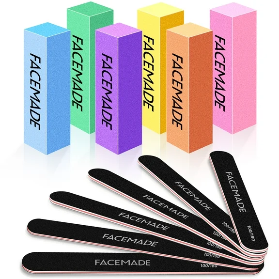 FACEMADE Nail Files and Buffer 12 Pcs, Professional Manicure Tools Kit Care Buffer Block Tools 100/180 Grit, Colorful