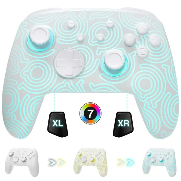 [Luminous Pattern] Switch Pro Controller Wireless Compatible with Nintendo Switch/OLED/Lite, FUNLAB Firefly Bluetooth Remote Gamepad with 7 LED Colors/NFC/Paddle/Turbo for Zelda Fans - Kakariko White