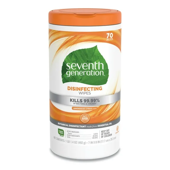 Seventh Generation Lemongrass Citrus Scent Disinfecting Wipes Hard Surface Cleaner, 70 Count