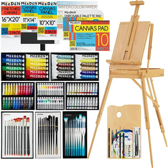 MEEDEN Deluxe Artist Painting Set with Sketch Box Easel, All-in-One Painting Set with 96 Paint Colors, 30 Brushes, 8 Canvases and Art Supplies, Painting Kit for Adults, Beginners, Artist, Students
