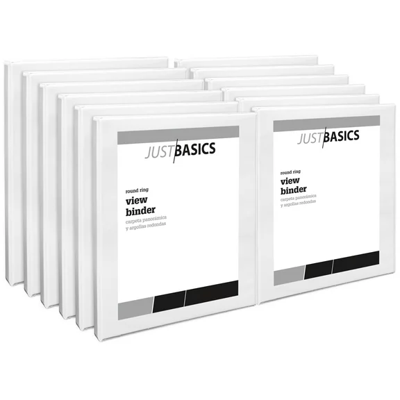 Just Basics Round-Ring View Binder, 1/2in. Rings, 100% Recycled, White, Pack Of 12, OD02793