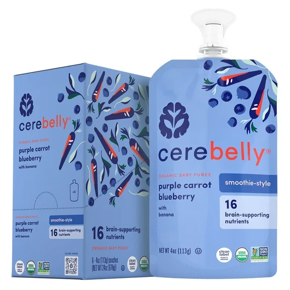 Cerebelly Organic Stage 2 Baby Food, Purple Carrot Blueberry, 4 oz Puree (6 Pack)