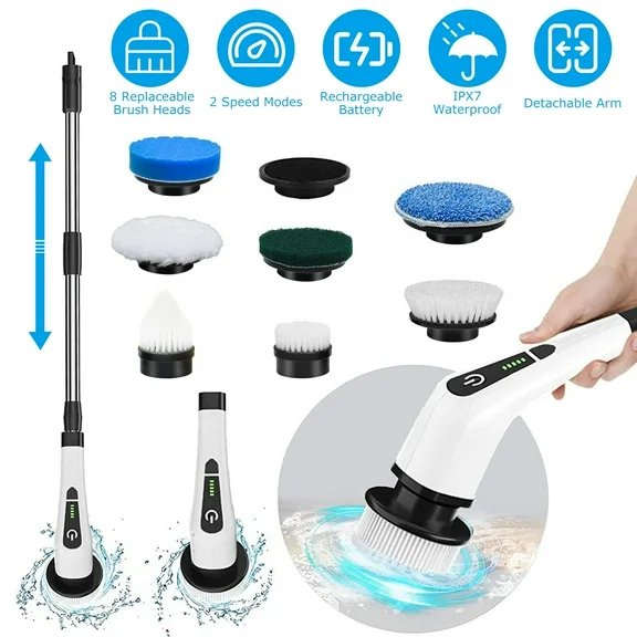 iMounTEK Power Electric Scrubber for Cleaning Bathroom with Long Handle, Cordless Cleaning Brush with Adjustable Extension Arm 8 Replaceable Heads for for Bathroom, Tub, Tile, Floor