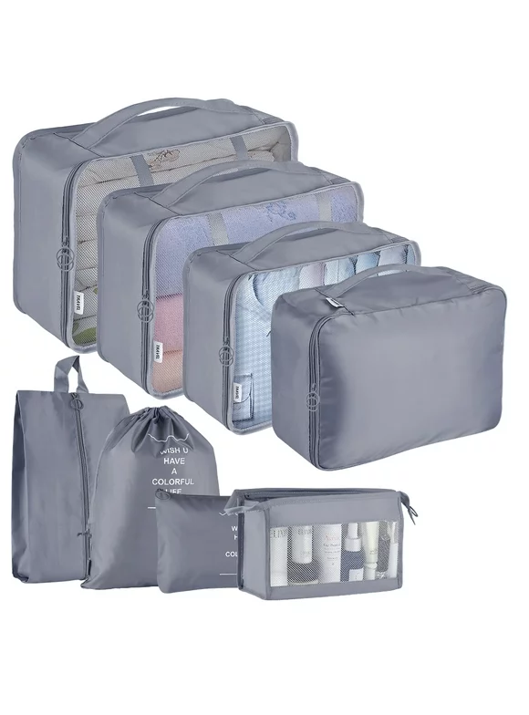 Koovon Packing Cubes for Travel, 8Pcs Travel Cubes Set Foldable Suitcase Organizer Lightweight Luggage Storage Bag, Gray