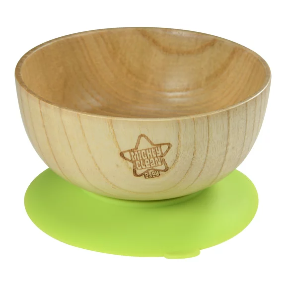 Mighty Clean Baby Round Transition Bowl - Stay Put Wood Bowl with Green Silicone