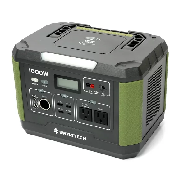 Swiss Tech 1000W Portable Power Station, 999Wh, Solar Powered Battery for Camping and Travel Emergency