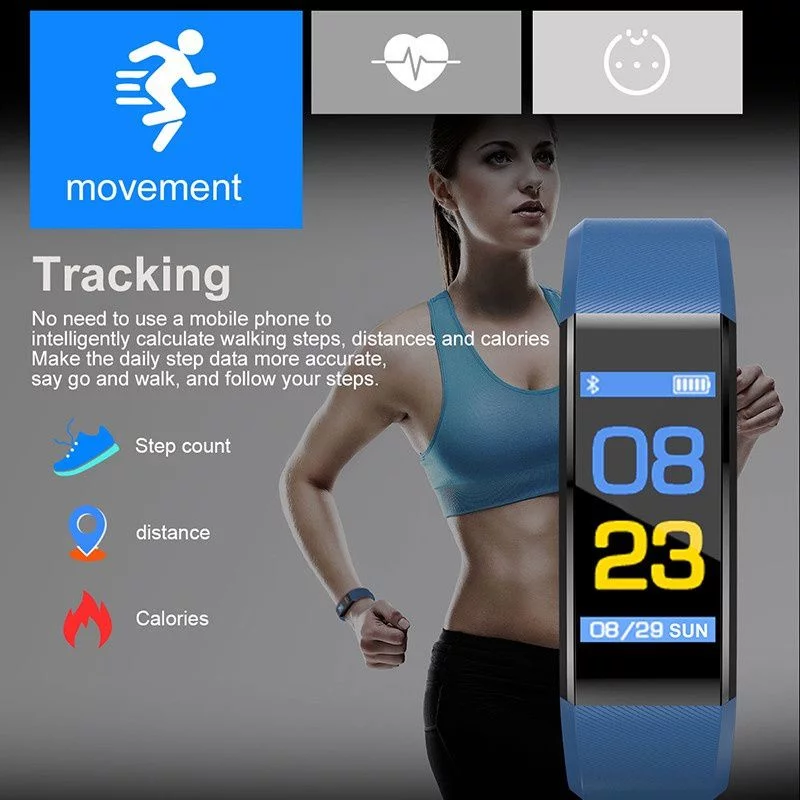 Waterproof Smart Bracelet Watch 115 Plus Blood Pressure Monitoring Heart Rate Monitoring Smart Wristband Fitness Band
