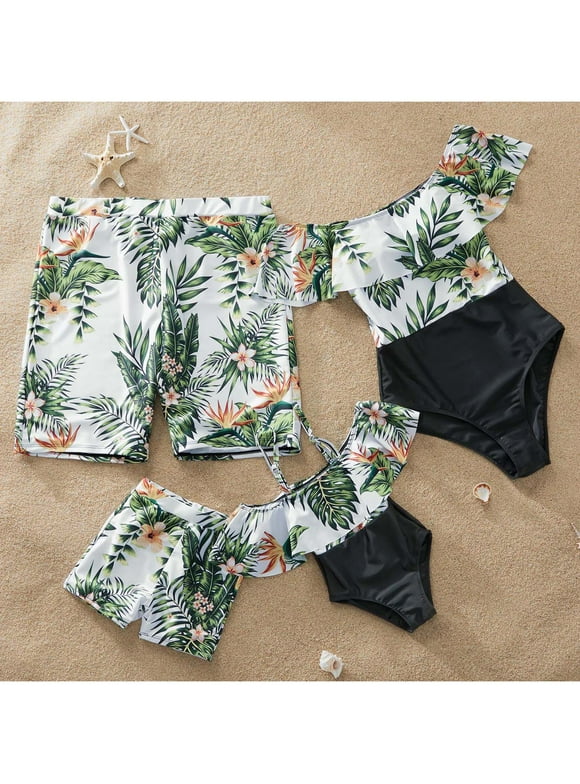 PatPat Mommy and Me Swimwear Plant Printed Family Matching Swimwear Off Shoulder Bathing Suit One Piece