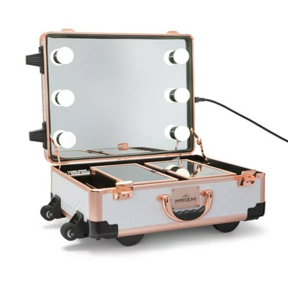 Impressions Vanity Slaycase XLS Vanity Travel Train Case With Stand (White and Rose Gold Studded)