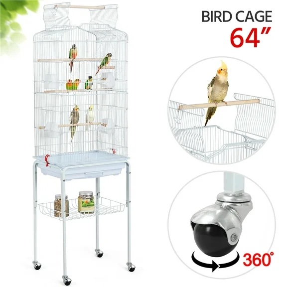 Topeakmart 64''H Open Top Metal Birdcage Rolling Parrot Cage with Detachable Stand, White