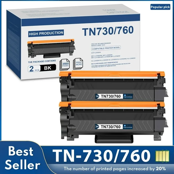 TN730/TN760 Toner 2 Pack High Yield Black Toner Cartridge Replacement for Brother TN730/TN760 Compatible HL-L2395DW DCP-L2550DW MFC-L2710DN Printer