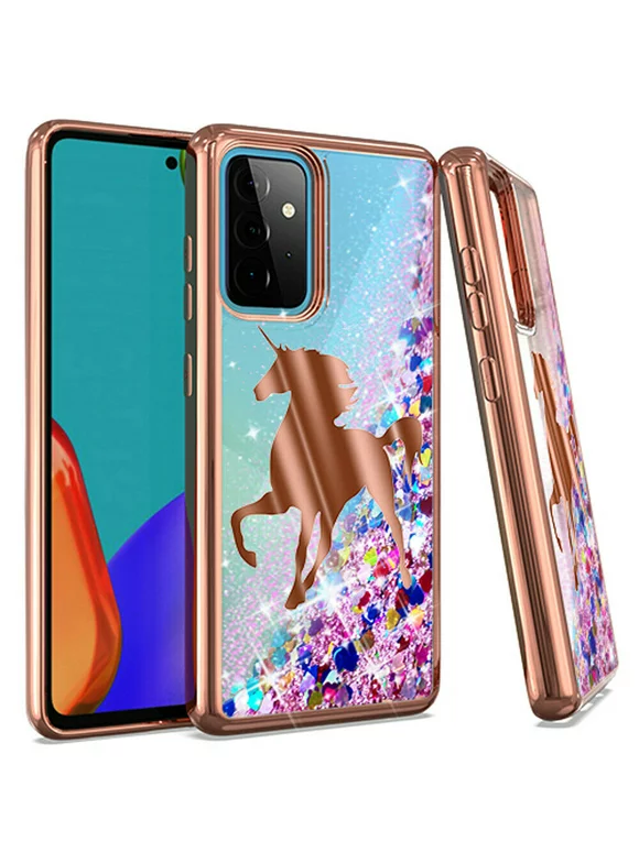 Kaleidio Case For Samsung Galaxy A52 5G [Quicksand Glitter] TPU Gel Slim Hybrid Skin Cover [Liquid Rose Gold Unicorn & Colorful Hearts]