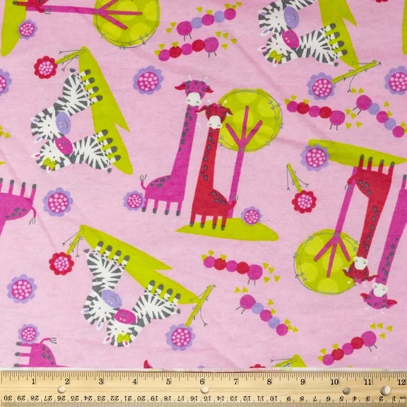 RTC Fabrics 43" 100% Cotton and Flannel Zebra Sewing & Crafting Fabrics, 8 yd By the Bolt, Pink, Green and White