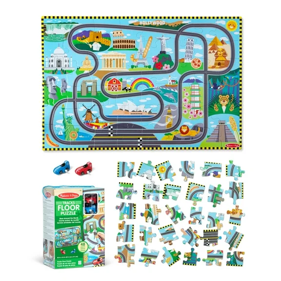 Melissa & Doug Race Around the World Tracks Cardboard Jigsaw Floor Puzzle and Wind-Up Vehicles – 48 Pieces, for Boys and Girls 4  - FSC Certified
