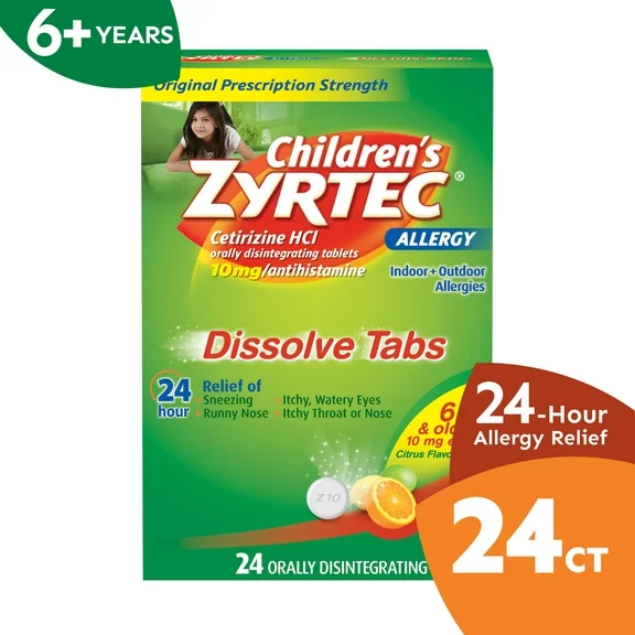 Children's Zyrtec 24 Hr Allergy Relief Dissolve Tablets, Citrus, 24 Ct