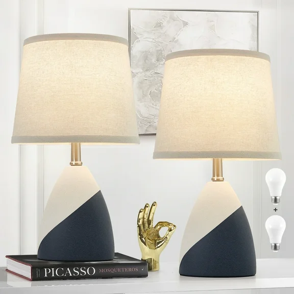 NATYSWAN Ceramic Table Lamps Set of 2, Modern Ceramic Table lamp for Bedroom, Nightstand Lamps with 3-Color Temperature, Bedside Lamps with Fabric Lampshade for Bedroom, Living Room, Home Office
