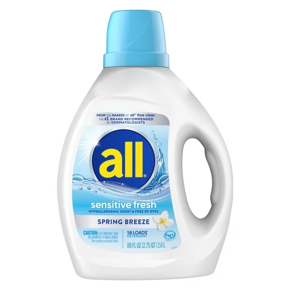 all Sensitive Fresh Liquid Laundry Detergent, Hypoallergenic Spring Breeze Scent & Free of Dyes, Gentle for Sensitive Skin, 88 oz, 58 Loads, HE Compatible