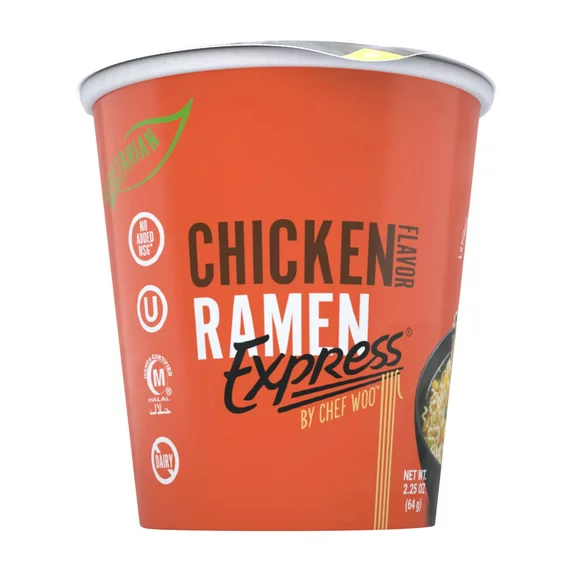 Ramen Express Chicken Flavor Ramen Noodles by Chef Woo , Vegan, Halal, Kosher, 6 pack, 2.25 oz Cup