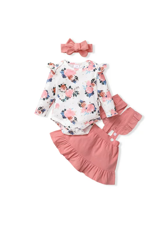 PatPat 3pcs Baby Girls Floral Ruffle Romper Set,Newborn Long Sleeve Bodysuit Romper with Suspender Swing Dress Headband Fall Clothes Infant Outfit Casual Overall Dress,0-12 Month