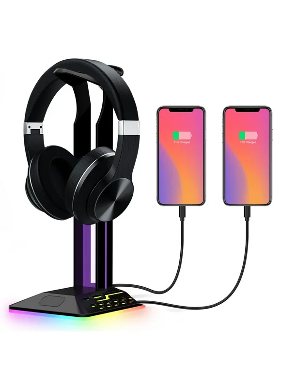 RGB Headphone Stand, TSV Desktop Gaming Headset Holder with 2 USB Charging Ports, 8 LED Lights Earphone Hanger Rack for Desk PC Gamer, Boyfriend Gift, Black