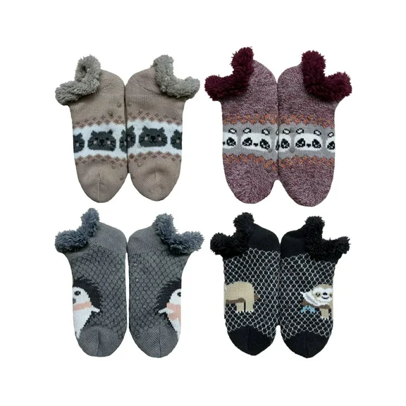 Fuzzy Babba, Women's Critter V-Ankle Knit Slipper Socks, 4-Pack, Size 4-10