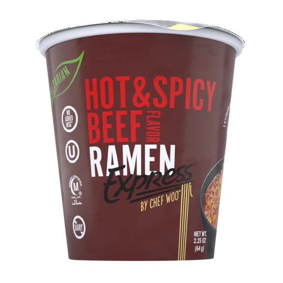 Ramen Express Hot and Spicy Beef Ramen Noodles By Chef Woo, Halal, Kosher, Vegan 2.25 oz