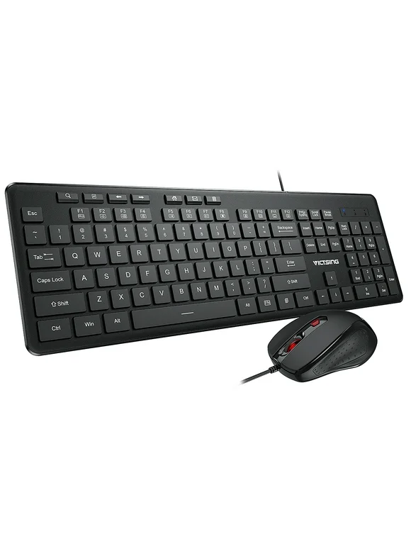 Victsing Quiet Wired Keyboard and Mouse Combo, 3 DPI Adjustable Wired Mouse, Anti-Wear Letters Durable Spill-Resistant, 7 Independent Multimedia Shortcuts USB Wired Keyboard & Mouse Set for PC Laptop