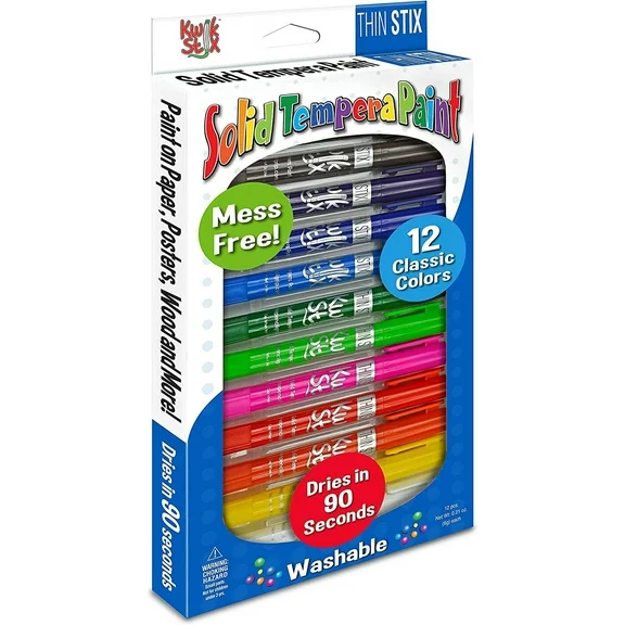 The Pencil Grip Kwik Stix Solid Tempera Paints, Thin Stix Paint Pens, Super Quick Drying, 12 Classic Colors for Children - TPG-608