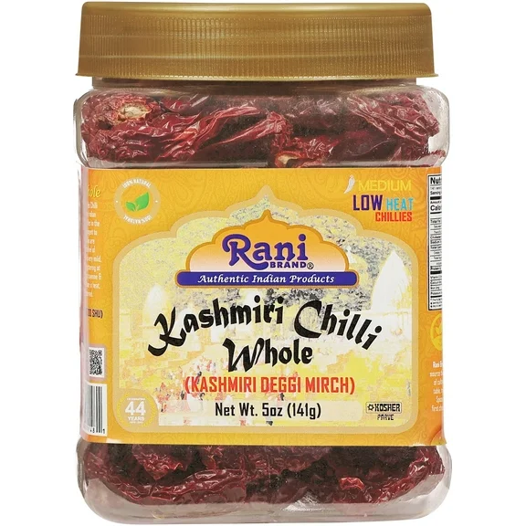 Rani Kashmiri Chilli Whole Stemless (Deggi Mirch, Low Heat) 5oz (141g) PET Jar ~ Natural | Salt-Free | Vegan | No Colors | Gluten Friendly | NON-GMO | Kosher | Indian Origin