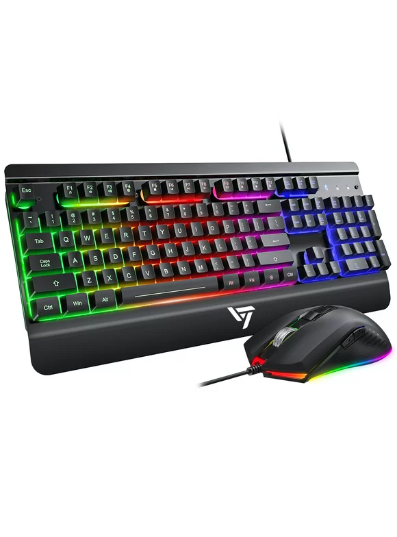 Victsing Gaming Keyboard and Mouse Combo, LED Rainbow Backlit Gaming Keyboard, Metal Plate, Anti-Ghosting Wired Computer Keyboard, 7 Buttons Programmable 4200 DPI USB Mouse for PC Laptop Gamer