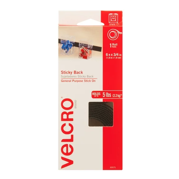 VELCRO Brand 6 Ft x 3/4 In | Sticky Back Tape Roll with Adhesive | Cut Strips to Length | Hook and Loop Fasteners | Perfect for Home, Office or Classroom, Black, 90975W