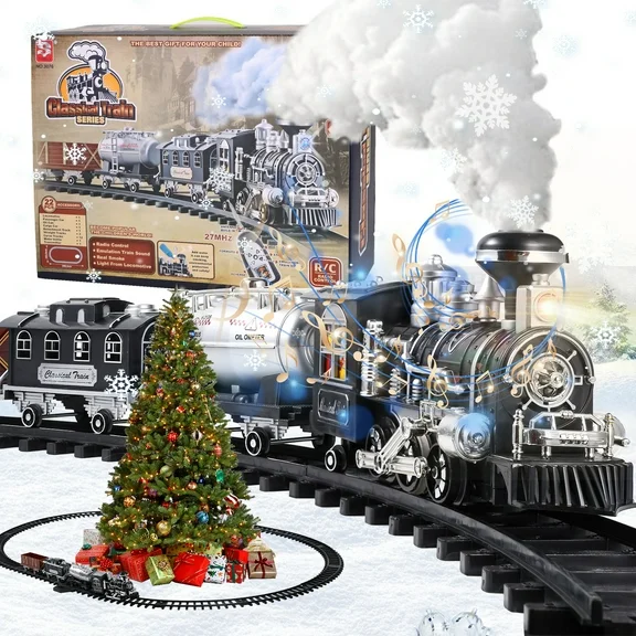 Super Joy Electric Train Set with Remote Control Christmas Train Toys with Steam Locomotive Engine, Sound & Light, Cargo Car and Train Tracks Gift Toys for Age 3  Kids