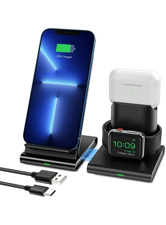 15W Wireless Charger for iPhone, 3 in 1 Wireless Charging Station, Qi Fast Wireless Charger Stand Compatible with iPhone 13 12 11/Mini/Pro Max/XS MAX/XR/XS/8/SE, Galaxy S20/S10/S9, LG(No Adapter)