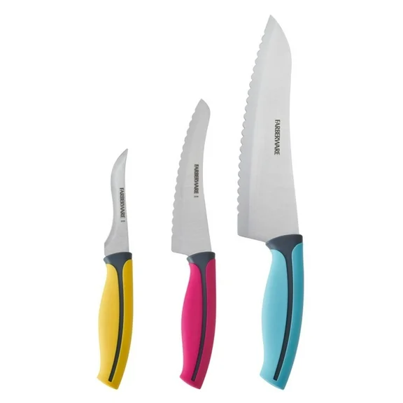 Farberware Precise Slice 3 Stainless Steel Piece Chef Knife Set Aqua, Pink, and Yellow