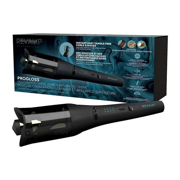Revamp Pro-gloss Hollywood Automatic Curling Iron – Advanced Shine Rotating Curling Iron with Hydrating Dual Ionic Jets, Ceramic Barrel Infused with Pro-gloss Oils for Frizz-Free Shine
