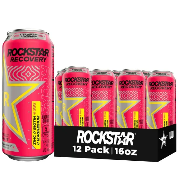Rockstar Recovery Strawberry Lemonade Energy Drink, 16 Fl.oz, 12 Pack Cans
