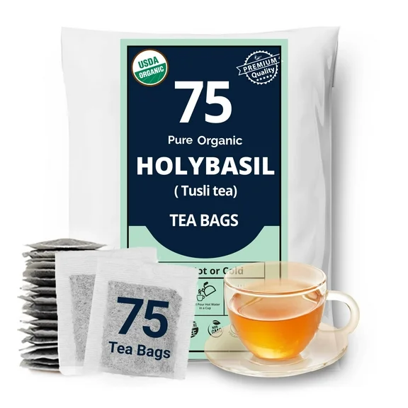 Akshit Organic Holy Basil Tea - 75 Count, Pure Tulsi Tea, Caffeine-Free, Herbal Tea