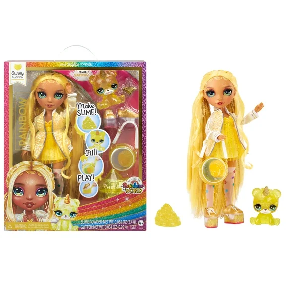 Rainbow High Sunny, Yellow with Yeti Pet, 11” Doll, DIY Sparkle Slime Kit, Fashion Accessories, Kids Gift 4-12