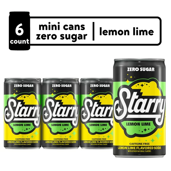Starry Zero Sugar Lemon Lime Soda Pop, 7.5 fl oz, 6 Pack Mini Cans