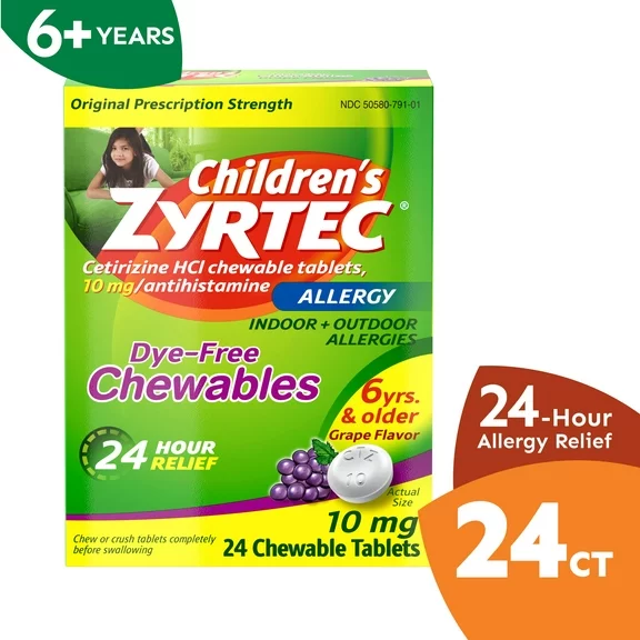 Zyrtec 24 Hour Children's Allergy Chews, 6  yrs, 10 mg Grape, 24 Ct