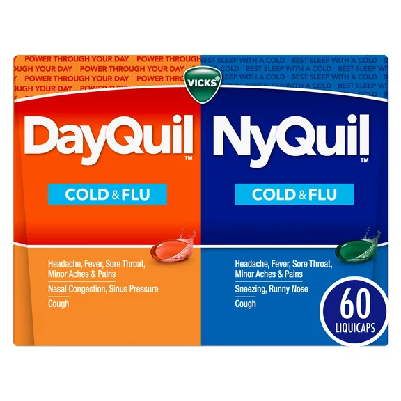 Vicks DayQuil and NyQuil Cold, Cough and Flu Liquicaps, Over-the-Counter Medicine, 60 Ct