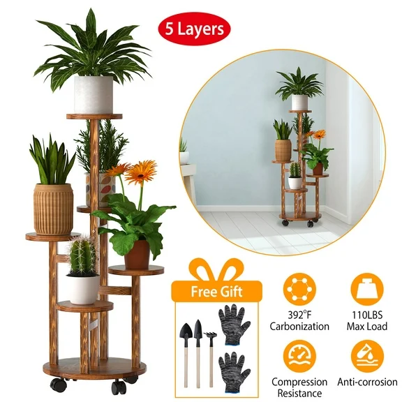 iMounTEK Plant Stand, 5 Tier Plant Stander Indoor Plant Stand with 4 Detachable Wheels, Corner Plant Stands, Indoor Wood Tiered Plant Stands Tall Plant Stand for Living Room Balcony Garden Patio