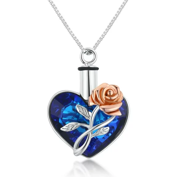 Midir&Etain Rose Flower Urn Necklace for Ashes Sterling Silver Heart Crystal Cremation Necklace for Ashes Memorial Keepsake Jewelry Gift for Women Grandma