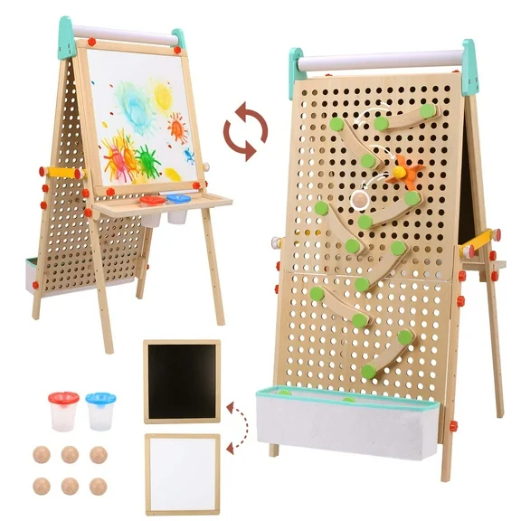 Sweet Time Kids Easel for Painting, Adjustable Rotatable Double Chalkboard Easel,Marble Run Building Toys Kids Art Kit for Ages 1-8