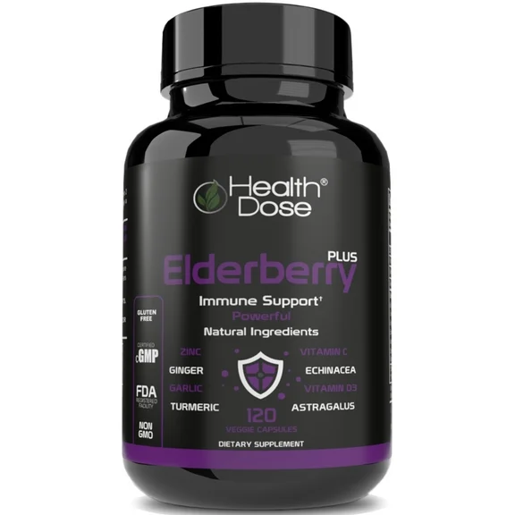 Elderberry Plus 11 in 1 Defense Immune Support Booster by Health Dose, with Vitamin C, Zinc, Echinacea, Vitamin D, Turmeric Curcumin, Ginger, Odorless Garlic, Powerful Supplement, 120 Capsules 2 Month