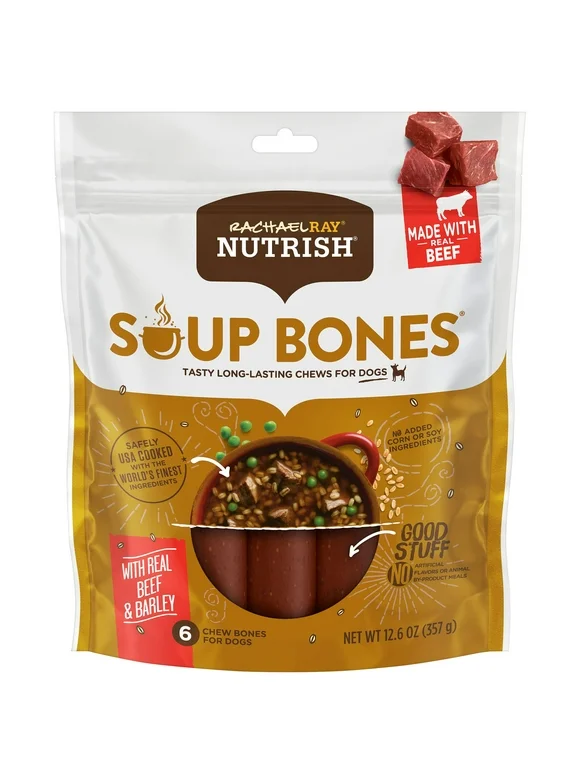 Rachael Ray Nutrish Soup Bones Dog Treats, Real Beef & Barley Flavor, 12.6oz, 6 bones