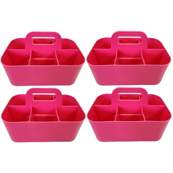 Enjoy Organizer - Small Stackable Plastic Caddy with Handle 6 Compartment | Desk, Makeup, Dorm Caddy, Classroom Art Organizers - 4 Pack, Made In USA (Hot Pink)