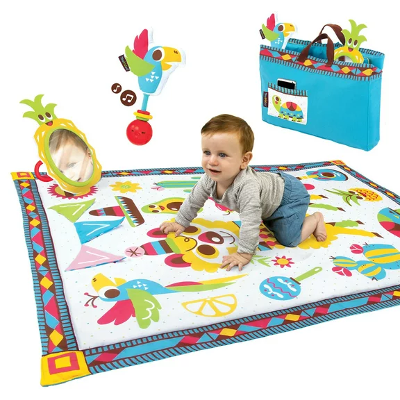 Yookidoo Fiesta Baby Playmat to Bag. Folds to Become a Carrying Bag. Soft Padded Extra Large Indoor & Outdoor Activity Mattress with a Mirror and a Rattle. Easily Washable. 57 x 39 in.